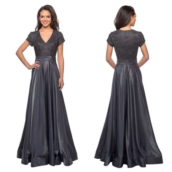 La Femme 26447 Two Tone Satin A-Line V-Neck Gown Platinum Silver Gray - Picture 1 of 16